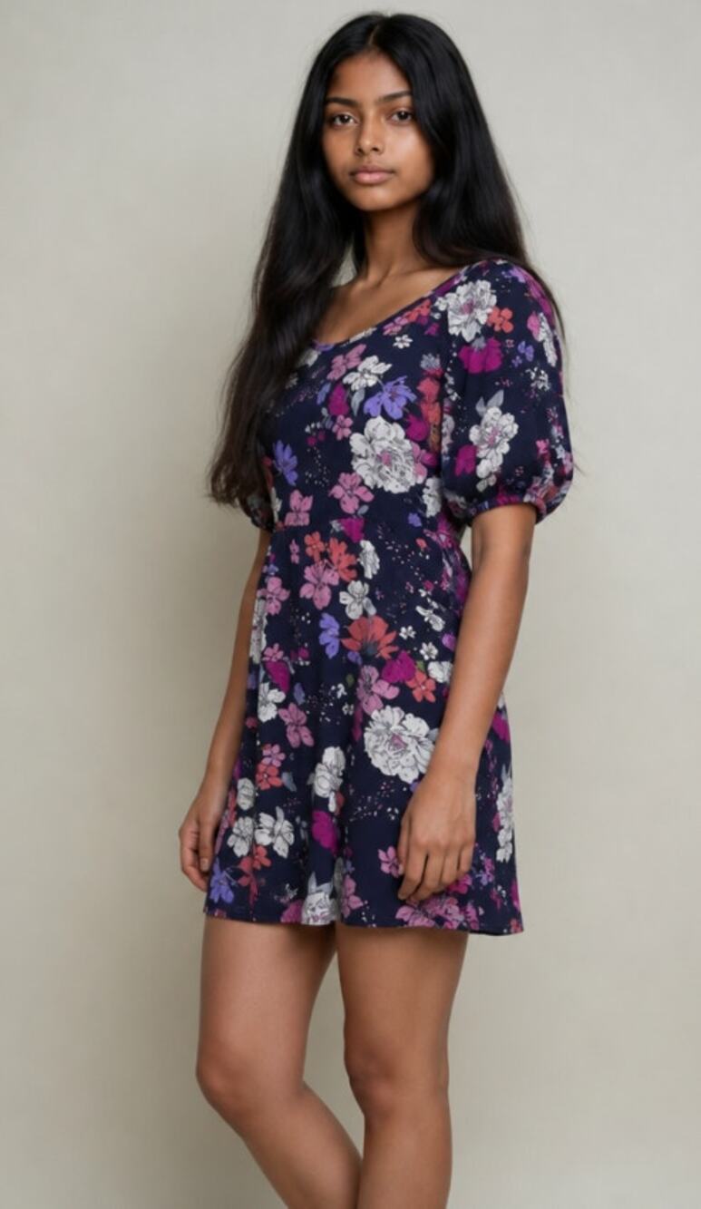 Velvet Torch Womens Small Navy Floral Blouson Sleeve Mini Dress Whimsy